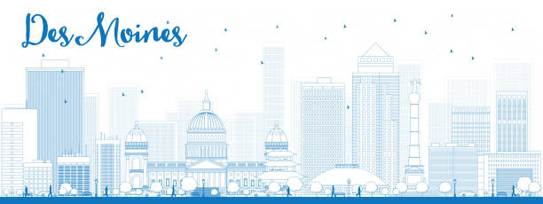 Outline Des Moines Skyline with Blue Buildings Outline Des Moines Skyline with Blue Buildings. Vector Illustration des moines silhouette stock illustrations