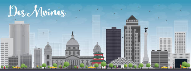 Des Moines Skyline with Grey Buildings and Blue Sky Des Moines Skyline with Grey Buildings and Blue Sky. Vector Illustration des moines silhouette stock illustrations