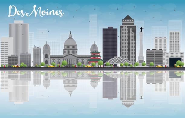 Des Moines Skyline with Grey Buildings and reflections Des Moines Skyline with Grey Buildings, Blue Sky and reflections. Vector Illustration des moines silhouette stock illustrations