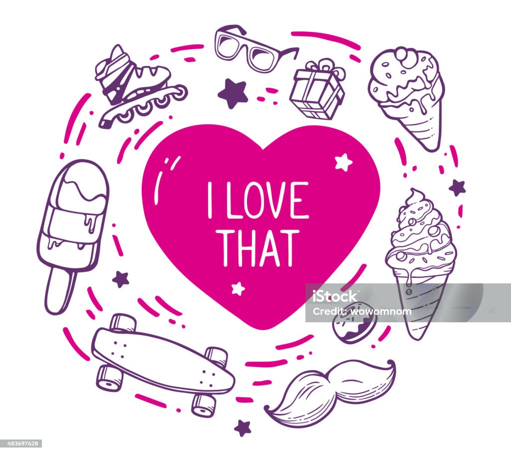 Vector illustration of red heart with inscription i love that Vector illustration of red heart with inscription i love that surrounded by different objects on white background. Hand drawn line art design for web, site, advertising, banner, poster, board and print. Doughnut stock vector