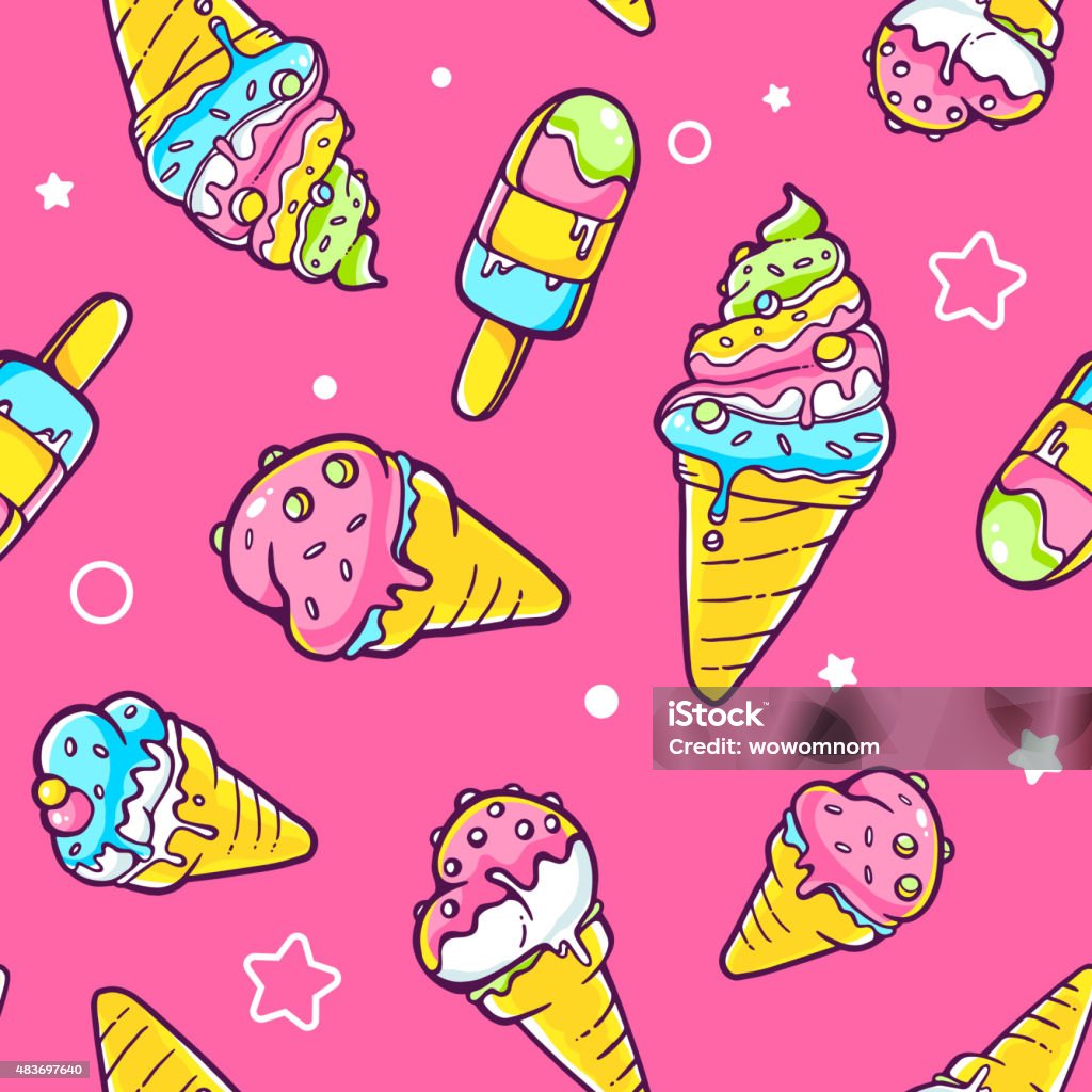 Vector illustration of bright color pattern of yellow, blue Vector illustration of bright color pattern of yellow, blue and green ice creams on pink background with stars and dots. Hand drawn line art design for web, site, advertising, banner, poster, board and print. 2015 stock vector