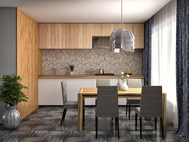 istock Kitchen in white and and wood panel. 3d illustration 483698392