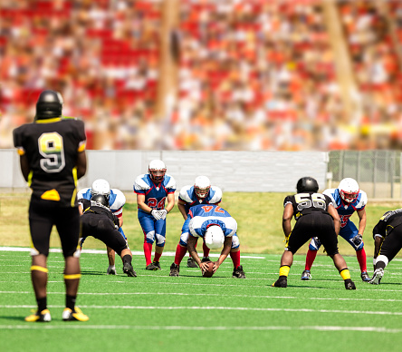 Semi-professional football team's center prepares to hike the ball. Defenders prepare for the tackle. Football field with a stadium full of unrecognizable fans in background.  The teams wear red/blue and black/yellow uniforms.