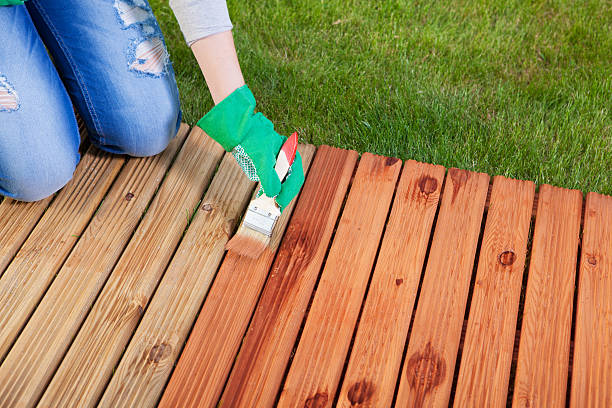 stosowanie lakierów ochronnych na patio drewniane podłogi - wood stain paint deck paintbrush zdjęcia i obrazy z banku zdjęć