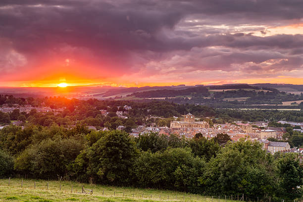 The Sun sets over Hexham The historic Market Town of Hexham sits in the Tyne Valley in Northumberland. The skyline is dominated by the Abbey northeastern england stock pictures, royalty-free photos & images