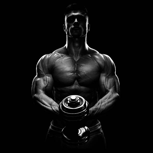 Silhouette of a bodybuilder pumping up muscles with dumbbell Silhouette of a bodybuilder. Power athletic man pumping up muscles with dumbbell. Confident young fitness man with strong core muscles, power hands and clenched fists. Dramatic light. macho stock pictures, royalty-free photos & images