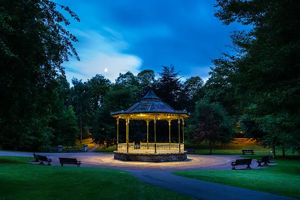 The historic Market Town of Hexham sits in the Tyne Valley in Northumberland. The skyline is dominated by the Abbey beside this Bandstand