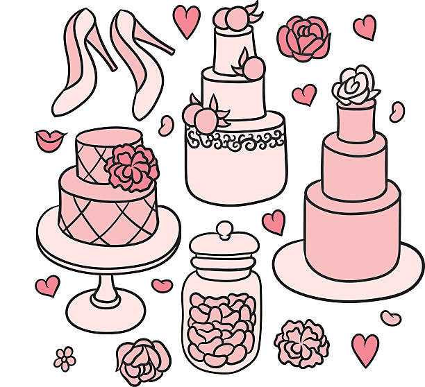 sweet romantic wedding stuff flowers, shoes, cakes and hearts - sweet romantic wedding stuff bachelor and bachelorette parties stock illustrations