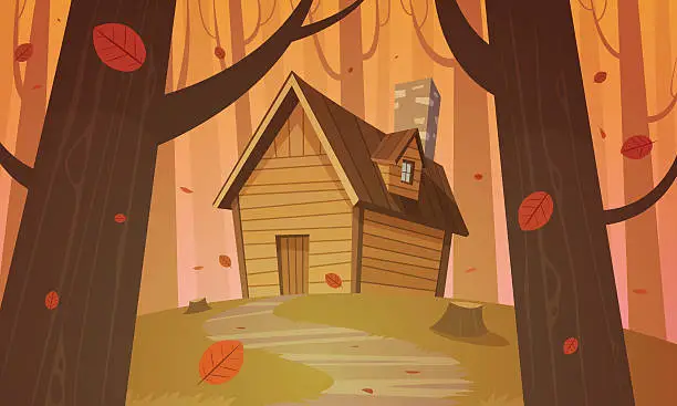 Vector illustration of Cabin in woods - Autumn