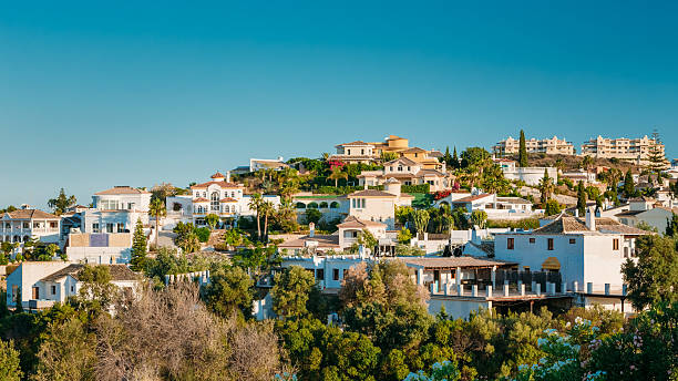 Mijas in Malaga, Andalusia, Spain. Summer Cityscape. Mijas In Malaga, Andalusia, Spain. Summer Cityscape. The Village With Whitewashed Houses mijas pueblo stock pictures, royalty-free photos & images