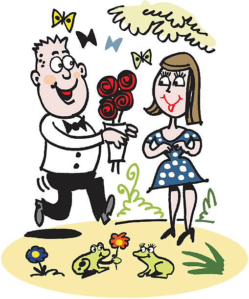 vektor-cartoon von lächelnden mann präsentieren blumen, frau - butterfly women humor fun stock-grafiken, -clipart, -cartoons und -symbole