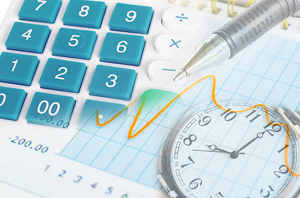 istock image of financial report with pen clock and calculator. 483718364