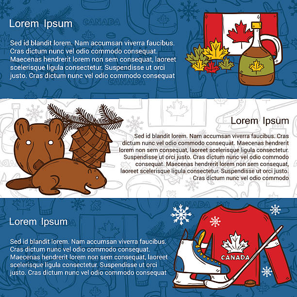 Vector travel north america concept with cartoon hand drawn objects Vector travel north america concept with cartoon hand drawn objects on Canada theme: maple syrup, hockey stick, puck, bear, horn for your design how to draw a moose drawing stock illustrations