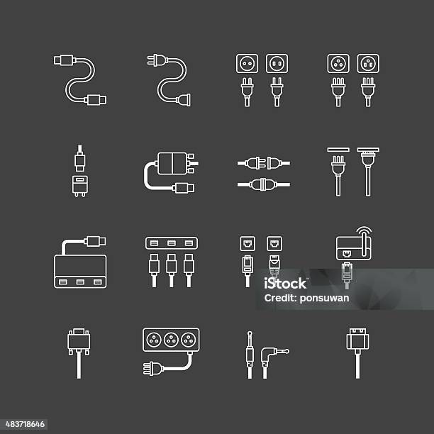Vector Linear Web Icons Set Cable Wire Computer Plug Stock Illustration - Download Image Now