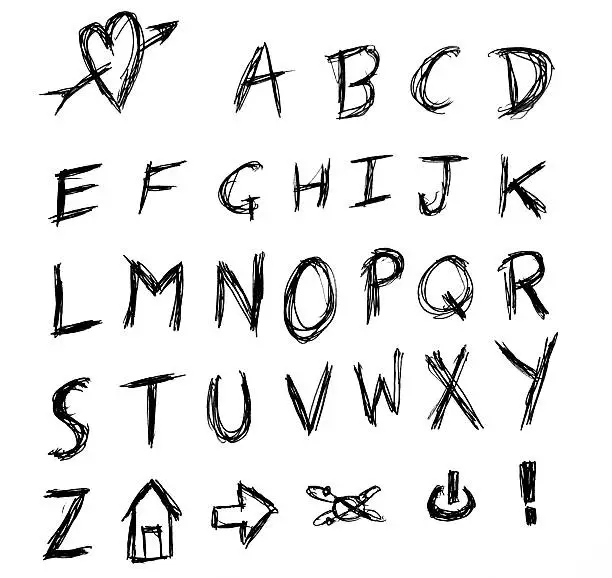 Angry hand writing alphabet scratched with frustration grunge style