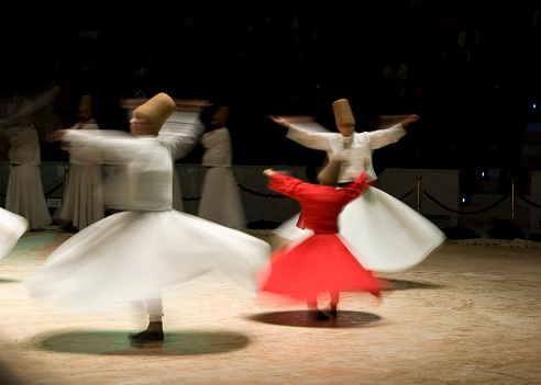 Konya, Turkey - December 15, 2006: The 'dance' of the Whirling Dervishes is called Sema and is a part of the inspiration of Mevlana and has become part of Turkish custom, history, beliefs and culture. This image has been captured in cultural center of Konya municipality during a sema festival called 