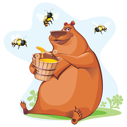 a cartoon bear tasting honey and angry bees.