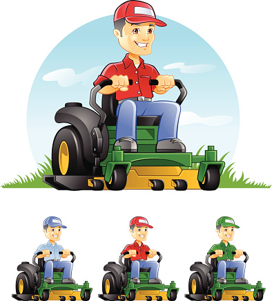 Vector illustration of a male professional worker on riding lawn mower. He is mowing the grass while wearing a cap and smiling.