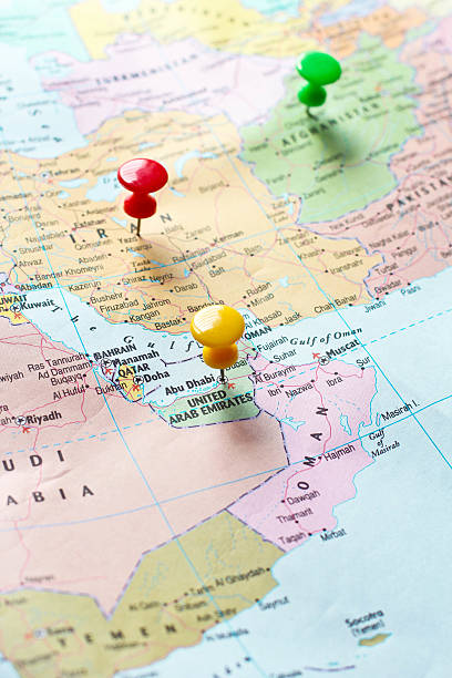 istock Global map with straight pin showing direction 483722350