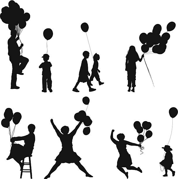 illustrazioni stock, clip art, cartoni animati e icone di tendenza di persone con palloncini - woman with arms raised back view