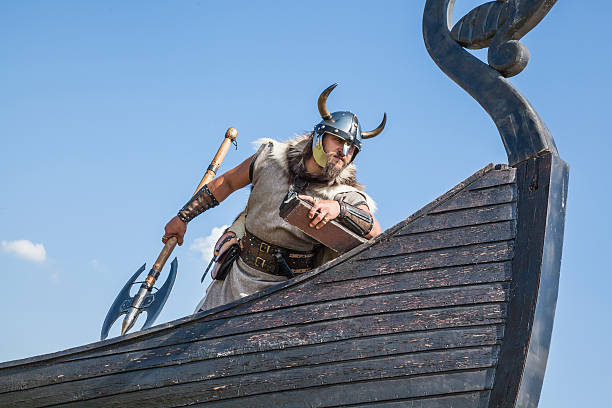 starke wikinger auf dem schiff blick auf den strand - boat horn stock-fotos und bilder