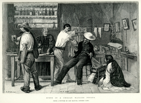 Vintage engraving of a scene in a Chilian wayside Posada. The London Illustrated News, 1891