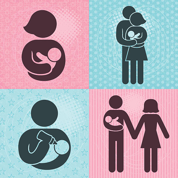 Baby and Parent Icons (Family LIfe Series) Set of baby and parent icons on textured backgrounds feeding illustrations stock illustrations
