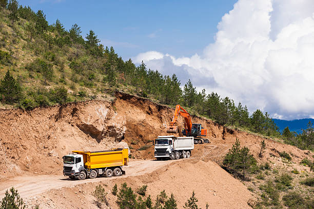 camion dell'escavatore caricamento autocarro con cassone ribaltabile - construction equipment earth mover hydraulic platform cylinder foto e immagini stock