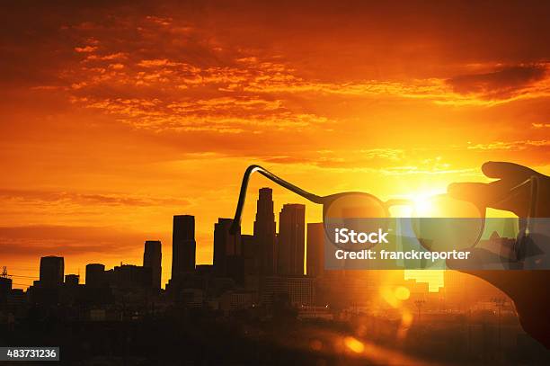 Los Angeles Downtown Skyline At Sunset Stock Photo - Download Image Now - 2015, Back Lit, Building Exterior