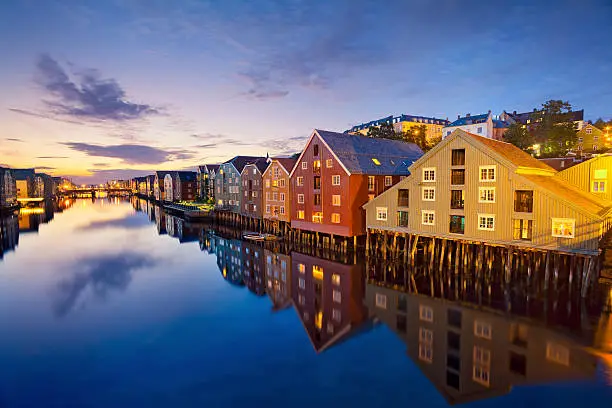 Image of norwegian city of Trondheim during twilight blue hour.