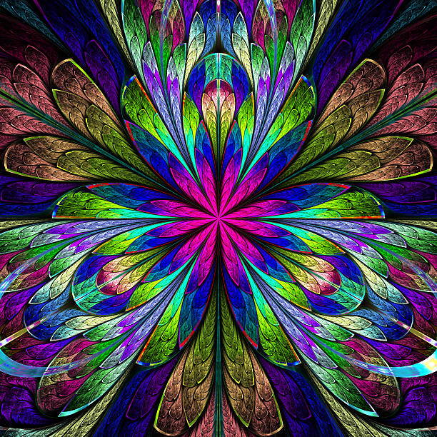 istock Multicolored symmetrical fractal flower in stained-glass window 483736464