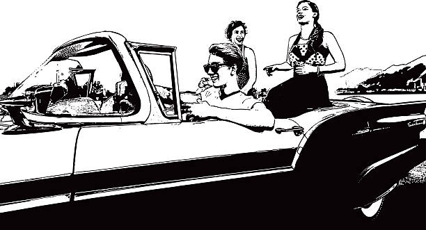 Retro Line art vector of friends driving in a vintage car, listening to Early Rock and Roll music.