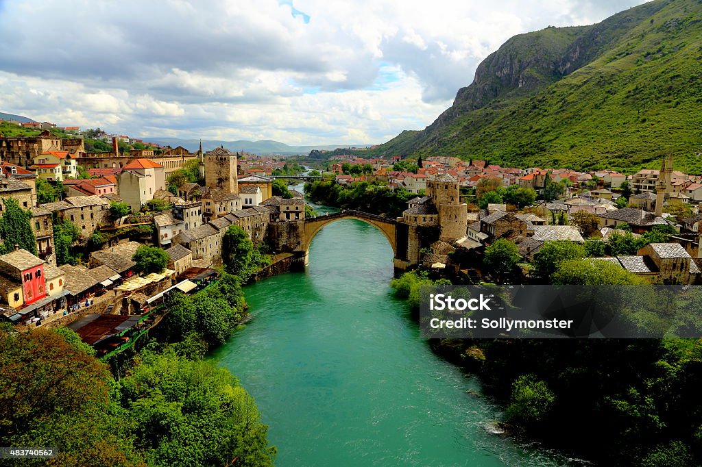 Mostar The town of Mostar as viewed from a minaret. 2015 Stock Photo