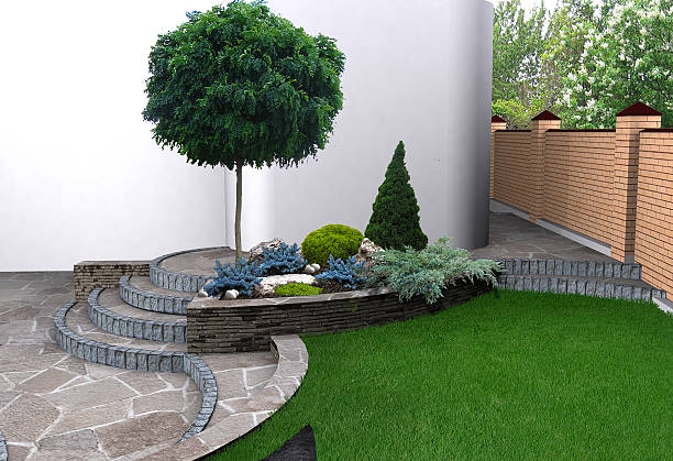 istock Landscaping garden stairs and plant groupings, 3D render 483743928