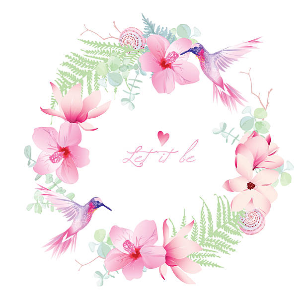 Delicate tropical flowers with flying hummingbirds round vector frame Delicate tropical flowers with flying hummingbirds round vector frame. All elements are isolated and editable Magnolia stock illustrations