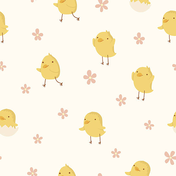 ilustraciones, imágenes clip art, dibujos animados e iconos de stock de concepto de pascua patrón sin costuras. linda pequeña las gallinas en flores. - chicken young bird animal egg baby chicken