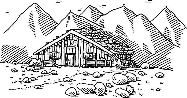 Vector illustration of Mountain Hut Landscape Drawing