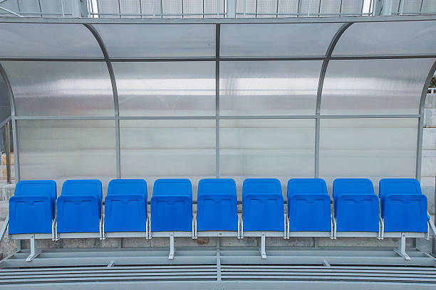 istock Blue reserve and staff coach bench in sport stadium 483750475
