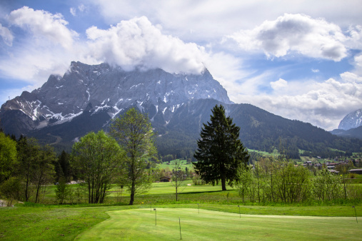 Stock photo of Swiss Alpine meadow aerial view under cable car way. Iltios mountain, Unterwasser, Canton St. Gallen, Switzerland.