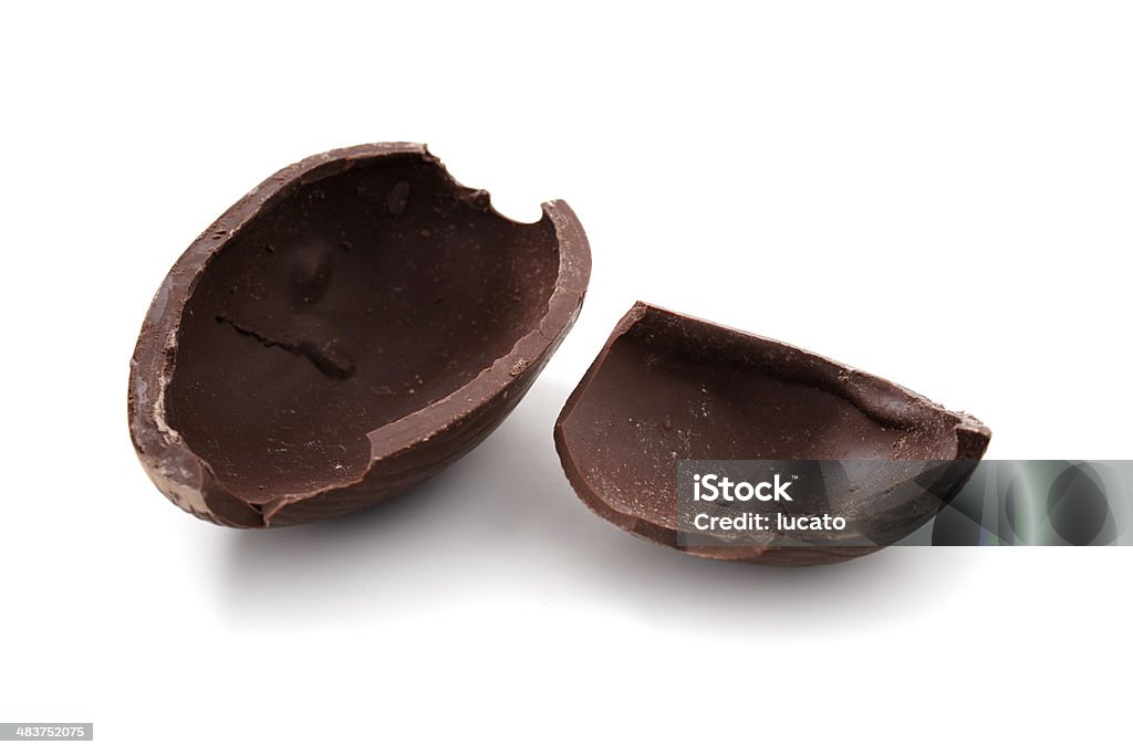 Broken chocolate Easter egg Broken chocolate Easter egg in pieces on white background  Chocolate Stock Photo