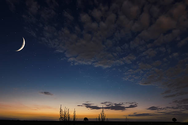 istock Beautiful night sky, romantic sunset, moon and stars 483752432