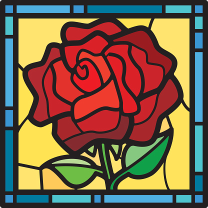 Vector art of a red rose rendered in stained glass.