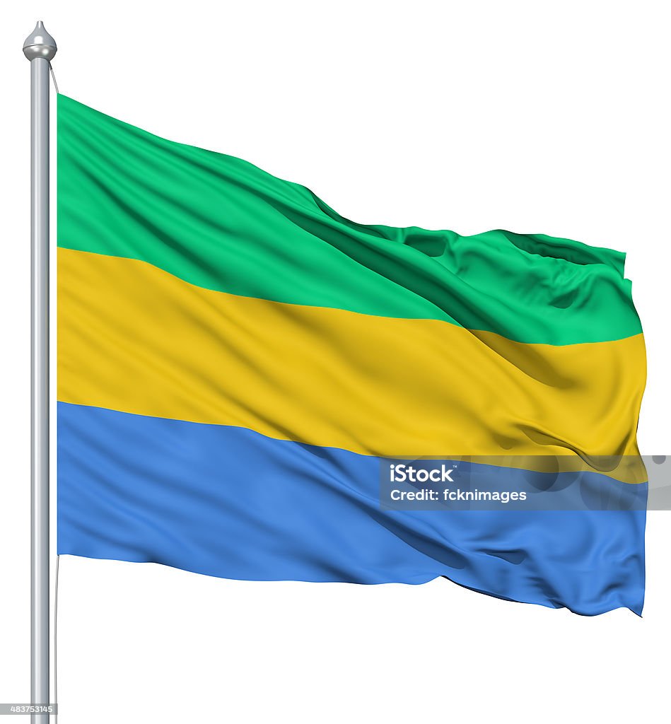 Waving flag of Gabon Flag of Gabon with flagpole waving in the wind against white background Authority Stock Photo