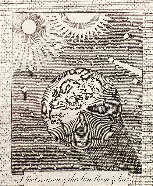Genesis: Creation of the Sun, Moon and Stars Around Earth Antique engraving from a bible dated 1783 of the fourth part of Genesis - The Creation of the Sun, Moon and Stars, with them forming around the planet Earth. big bang space stock illustrations