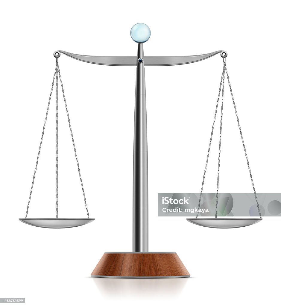Scales of Justice Modern style and metallic "Scales of Justice" in balance with crystal ball (knob) and wooden stand. Clean image and isolated on white background. Weight Scale Stock Photo