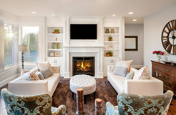 Luxurious Living Room with Fireplace stock photo