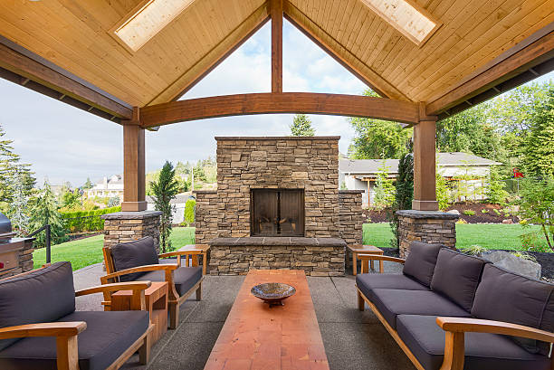 Beautiful Covered Patio Outside New Luxury Home Covered patio with chairs and fireplace fireplace stock pictures, royalty-free photos & images