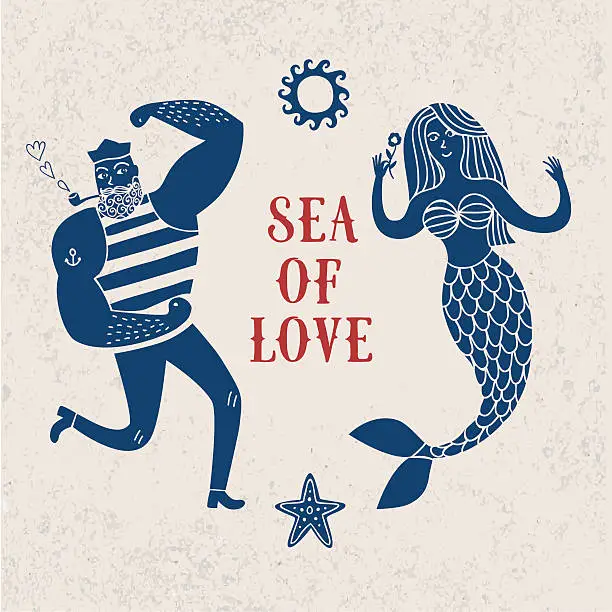 Vector illustration of Sea cartoon illustration with sailor and mermaid