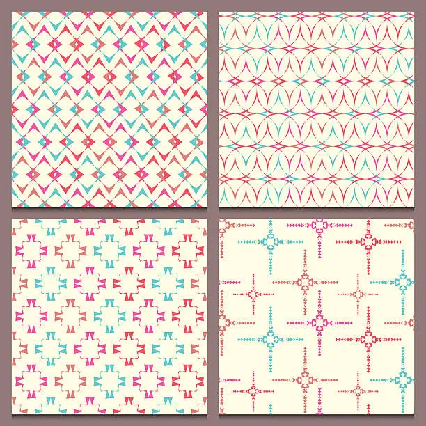 Vector illustration of Set of four seamless patterns with multicolored geometric elements