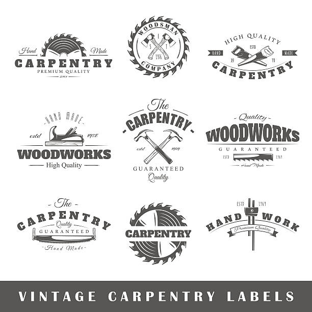 set of vintage labels плотницкие работы - hammer nail work tool construction stock illustrations